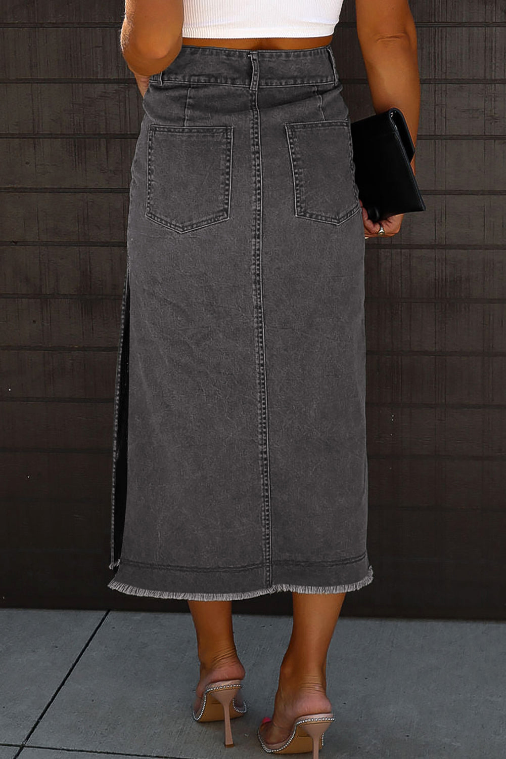 Black Raw Edge Side Slits Buttoned Midi Denim Skirt - eAura