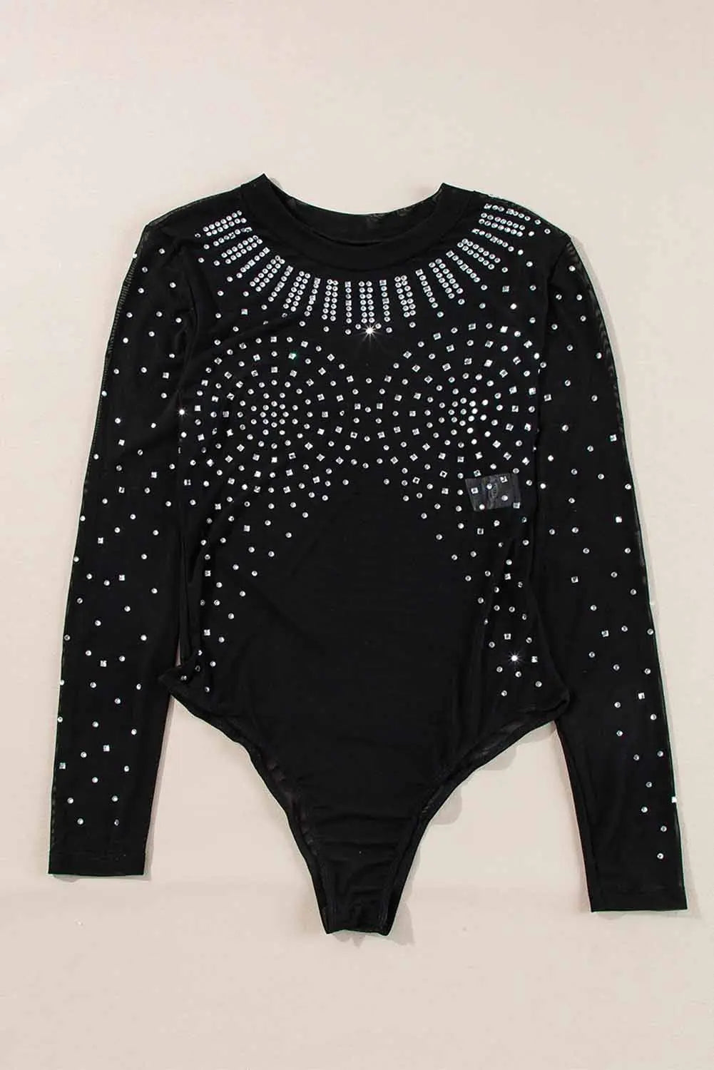 Black Rhinestone Sheer Mesh Long Sleeve Bodysuit Beagle Boutique Fashion Outlet