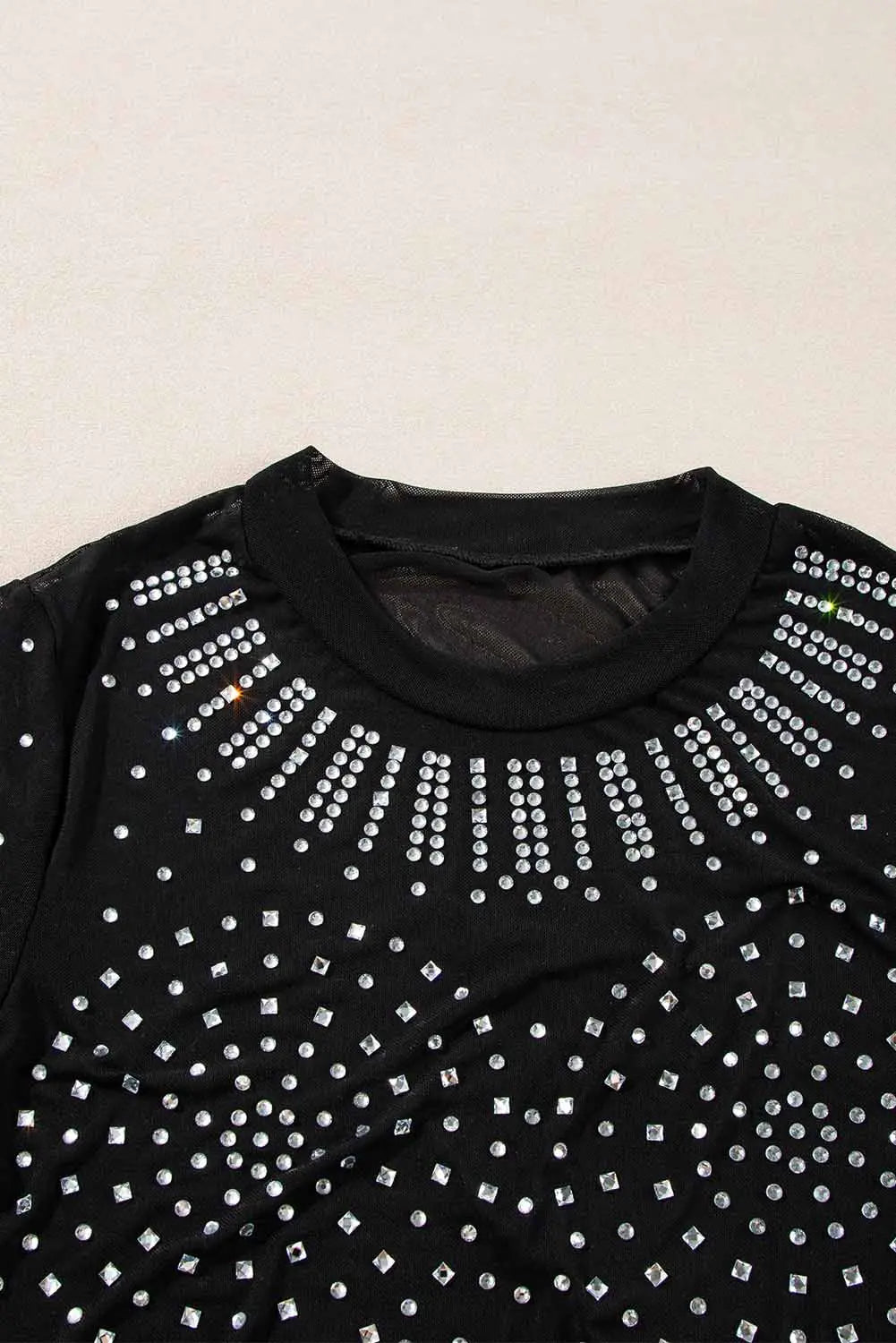 Black Rhinestone Sheer Mesh Long Sleeve Bodysuit Beagle Boutique Fashion Outlet