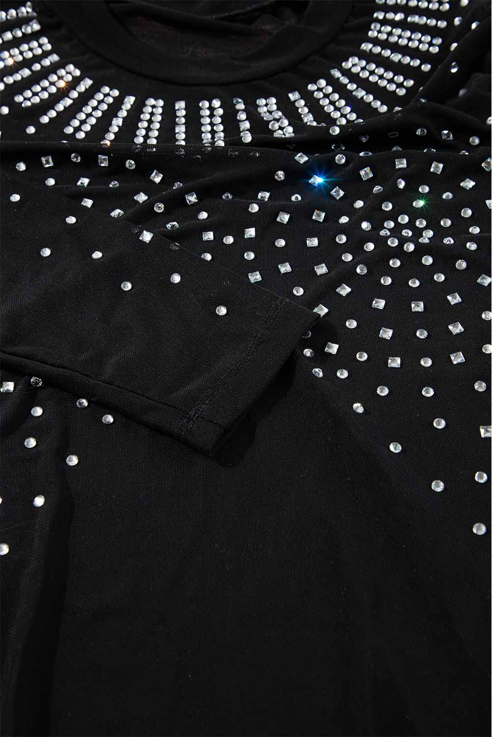 Black Rhinestone Sheer Mesh Long Sleeve Bodysuit Beagle Boutique Fashion Outlet