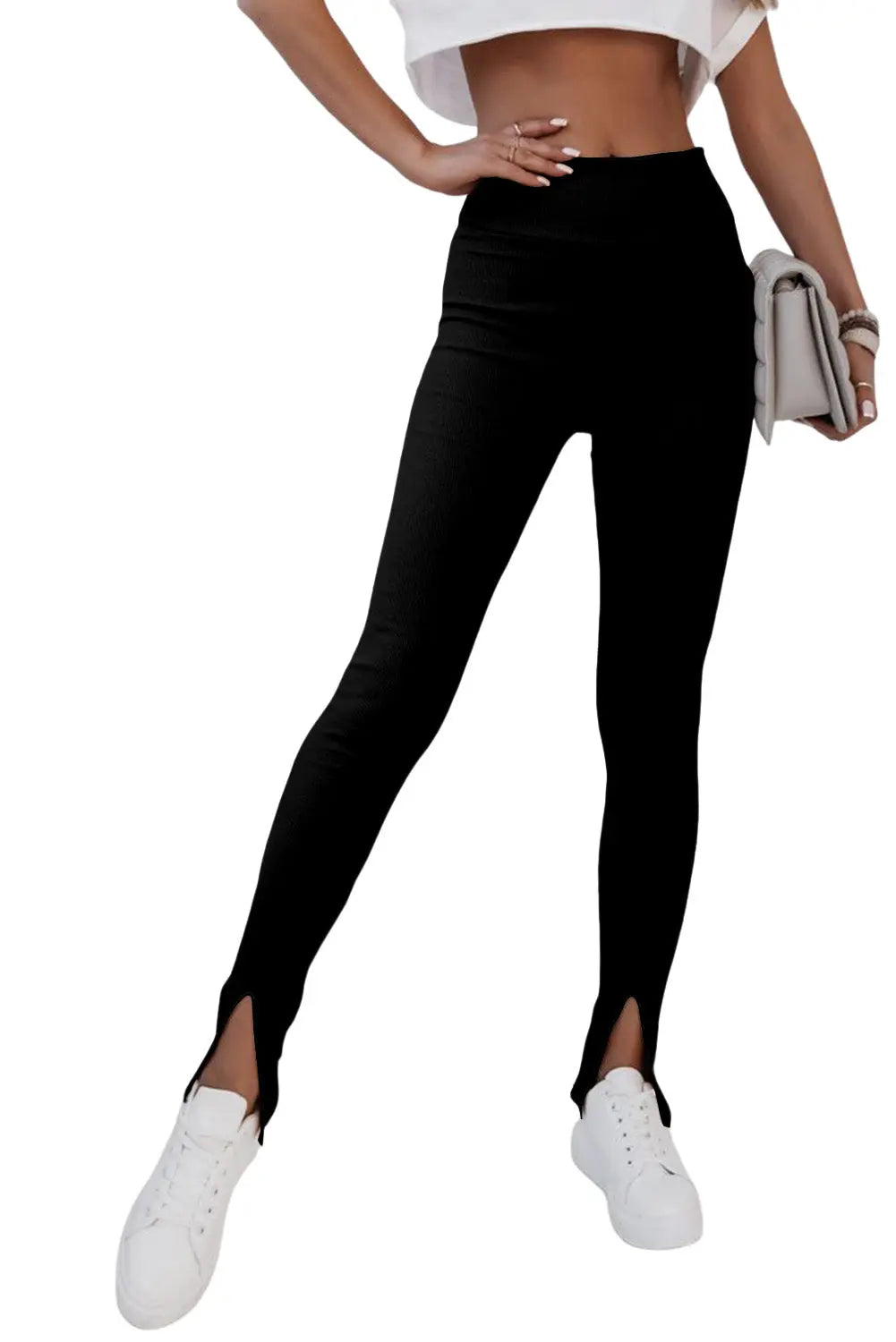 Black Rib Knit High Waist Slit Leggings eAura