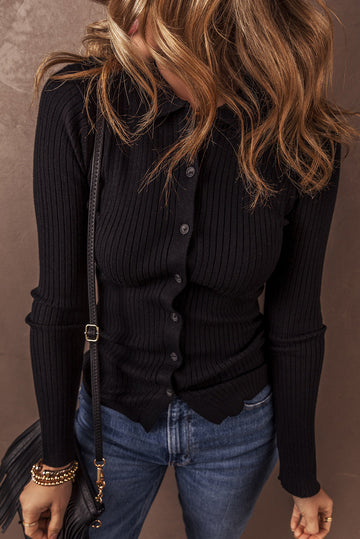 Black Ribbed Knit Collared Slim Fit Sweater Cardigan - BLACK / S / 50% VISCOSE + 28% POLYESTER + 22% POLYAMIDE