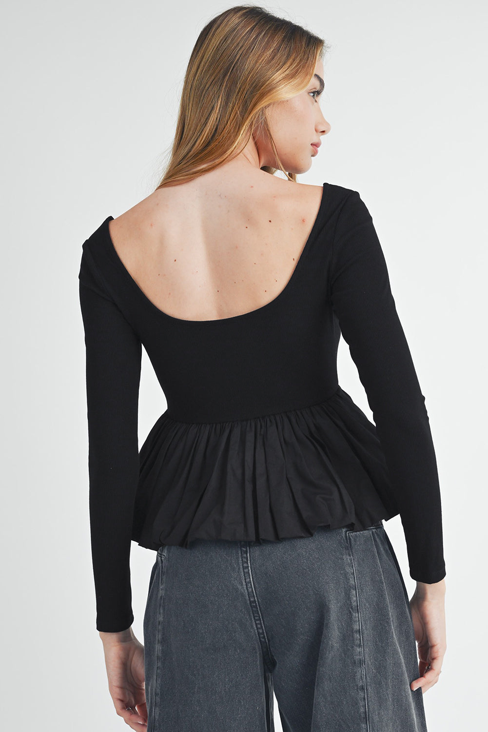 Black Ribbed Knit Long Sleeve Scoop Neck Peplum Patchwork Top - eAura