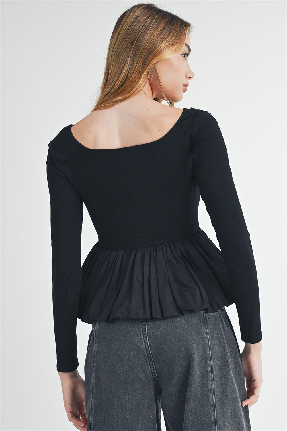 Black Ribbed Knit Long Sleeve Scoop Neck Peplum Patchwork Top - eAura