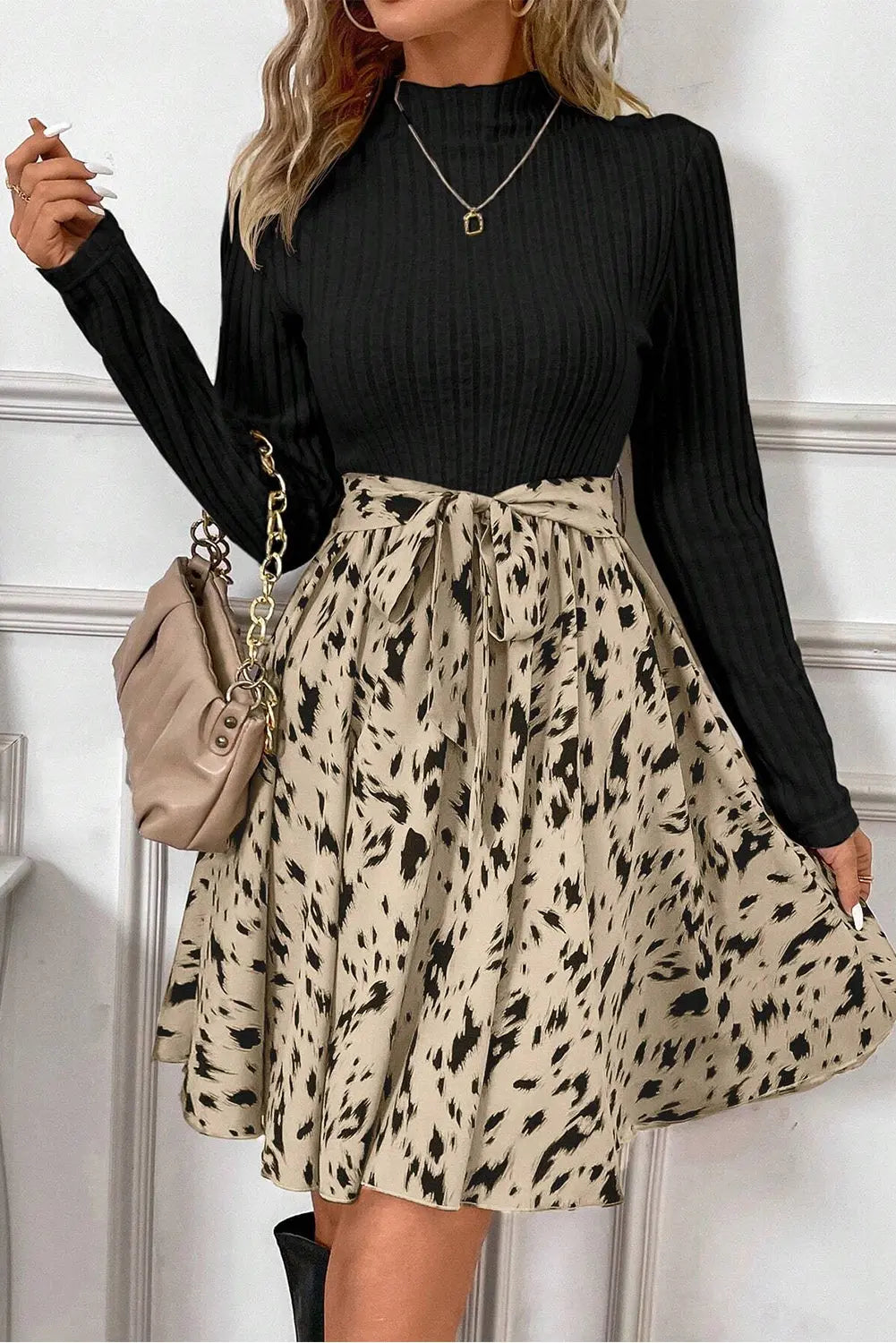 Black Ribbed Knit Patchwork Printed Belted A-line Dress Beagle Boutique Fashion Outlet