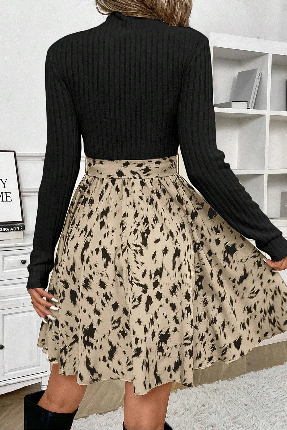 Black Ribbed Knit Patchwork Printed Belted A-line Dress Beagle Boutique Fashion Outlet