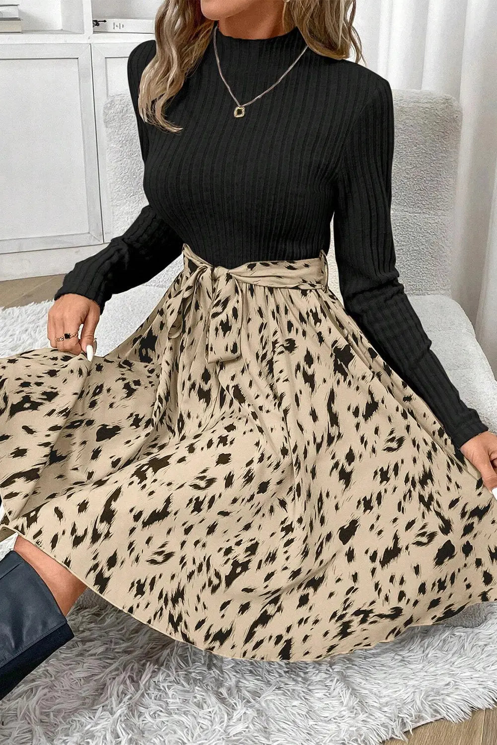 Black Ribbed Knit Patchwork Printed Belted A-line Dress Beagle Boutique Fashion Outlet