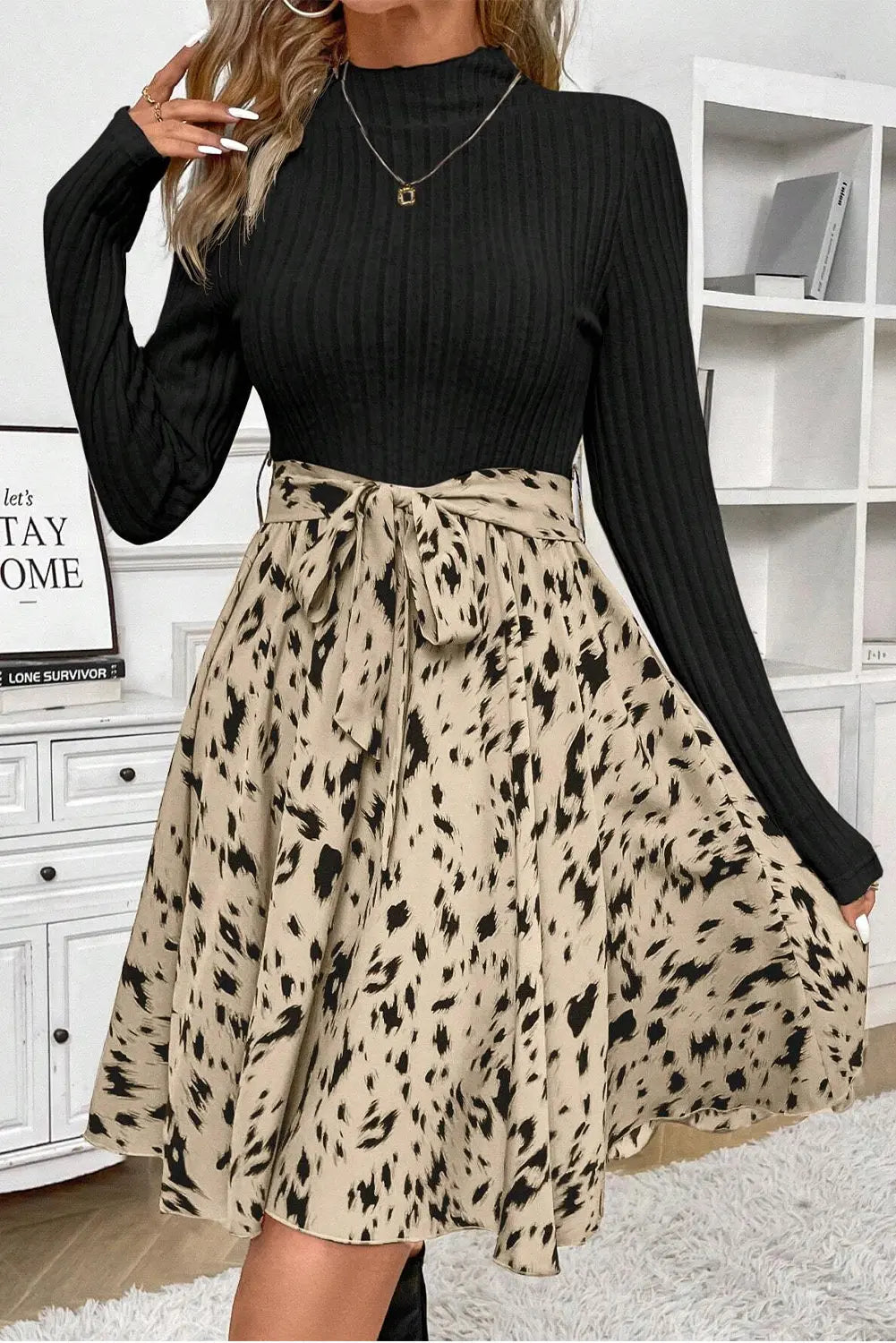 Black Ribbed Knit Patchwork Printed Belted A-line Dress Beagle Boutique Fashion Outlet