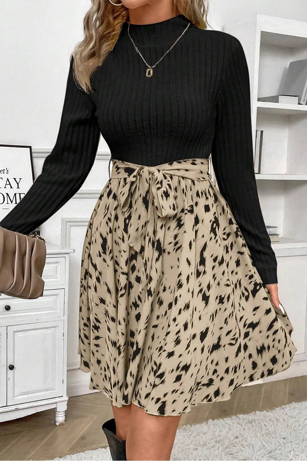 Black Ribbed Knit Patchwork Printed Belted A-line Dress Beagle Boutique Fashion Outlet