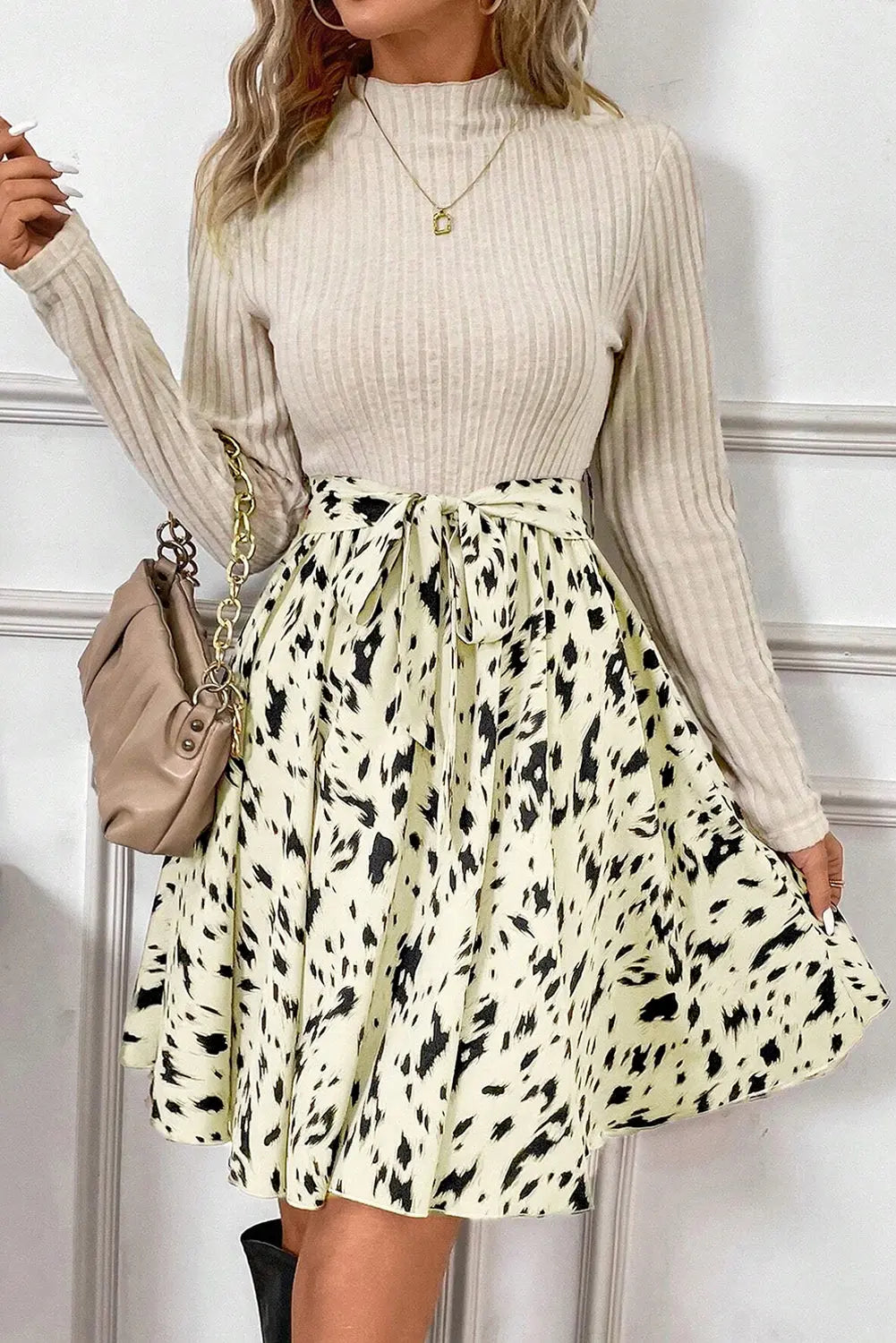 Black Ribbed Knit Patchwork Printed Belted A-line Dress Beagle Boutique Fashion Outlet