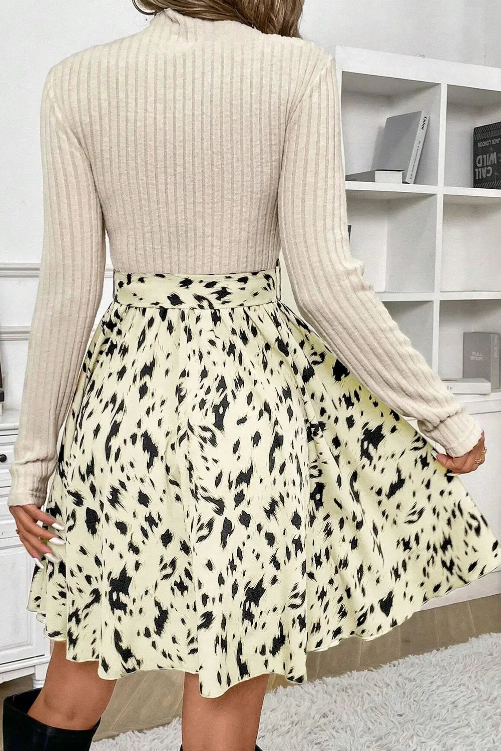 Black Ribbed Knit Patchwork Printed Belted A-line Dress Beagle Boutique Fashion Outlet