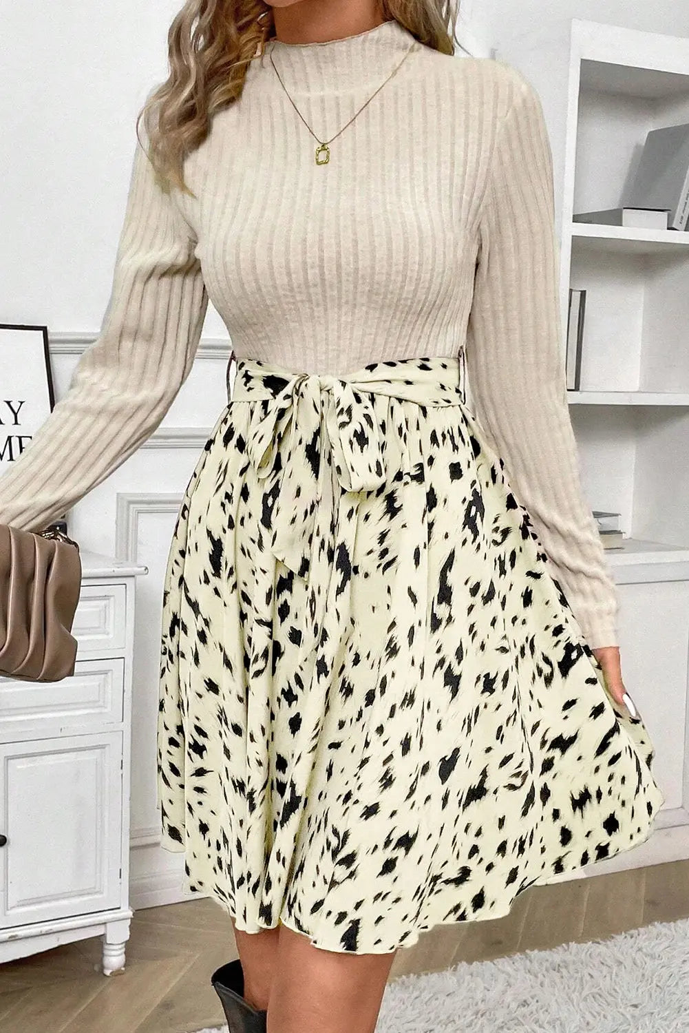 Black Ribbed Knit Patchwork Printed Belted A-line Dress Beagle Boutique Fashion Outlet