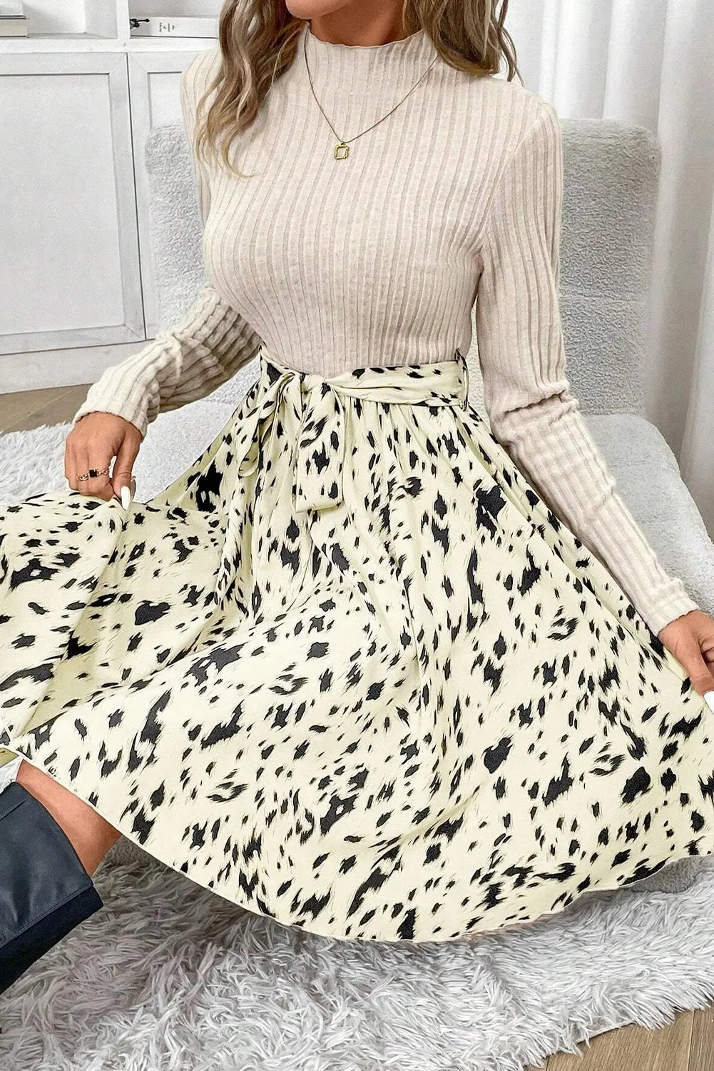 Black Ribbed Knit Patchwork Printed Belted A-line Dress Beagle Boutique Fashion Outlet