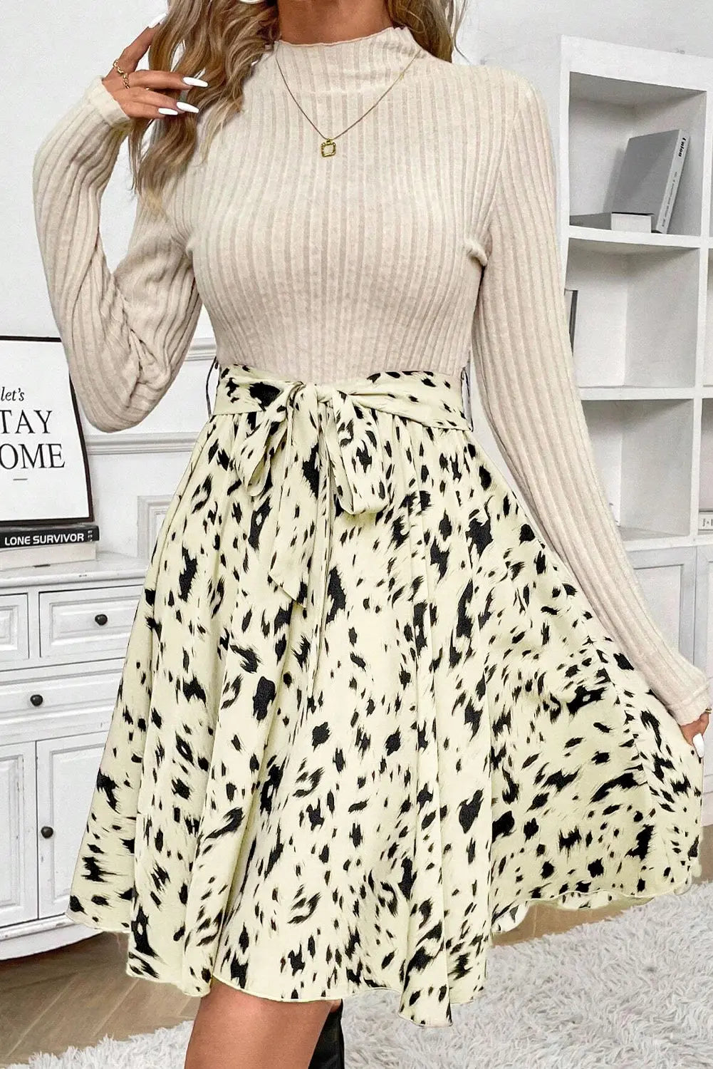 Black Ribbed Knit Patchwork Printed Belted A-line Dress Beagle Boutique Fashion Outlet