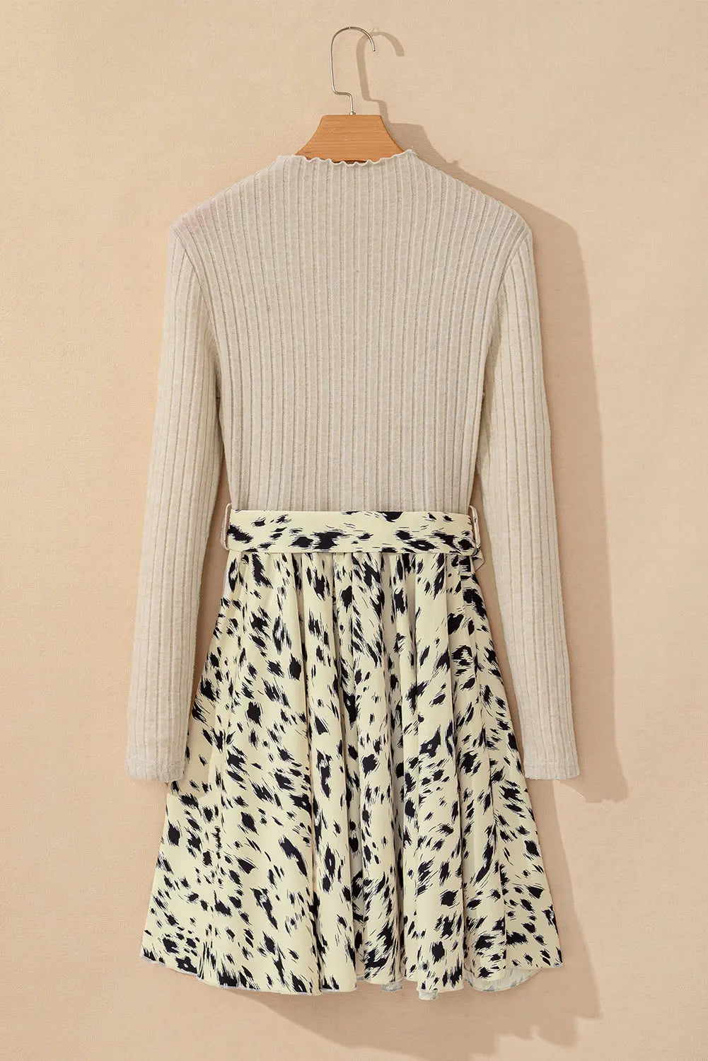 Black Ribbed Knit Patchwork Printed Belted A-line Dress Beagle Boutique Fashion Outlet