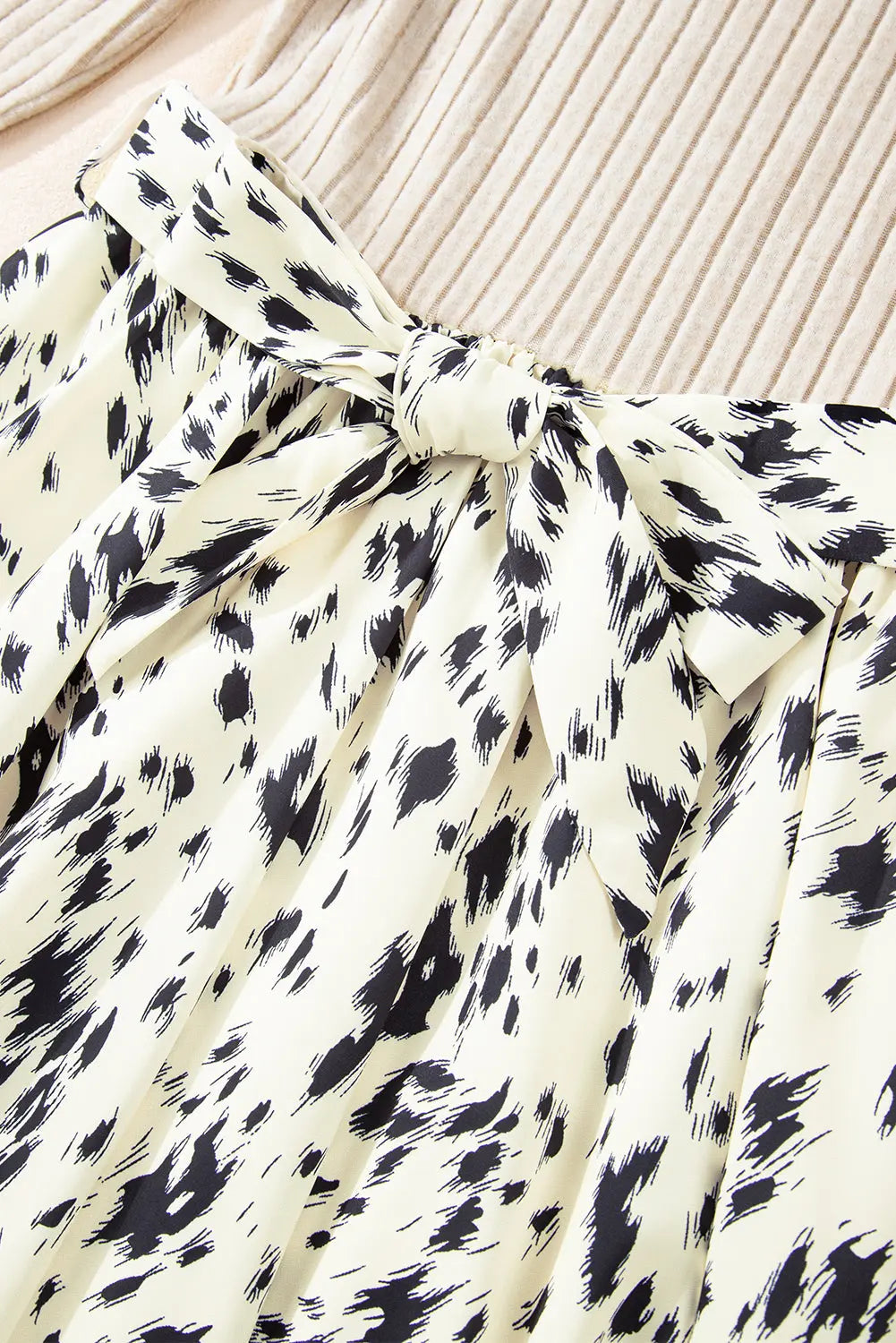 Black Ribbed Knit Patchwork Printed Belted A-line Dress Beagle Boutique Fashion Outlet