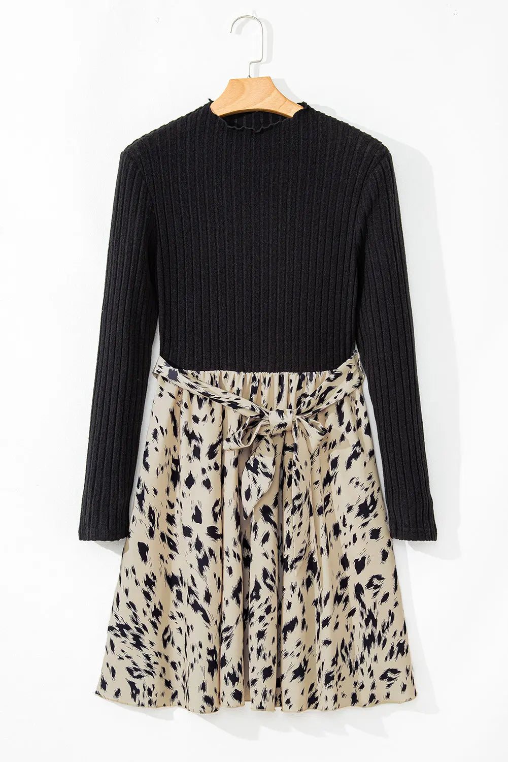 Black Ribbed Knit Patchwork Printed Belted A-line Dress Beagle Boutique Fashion Outlet