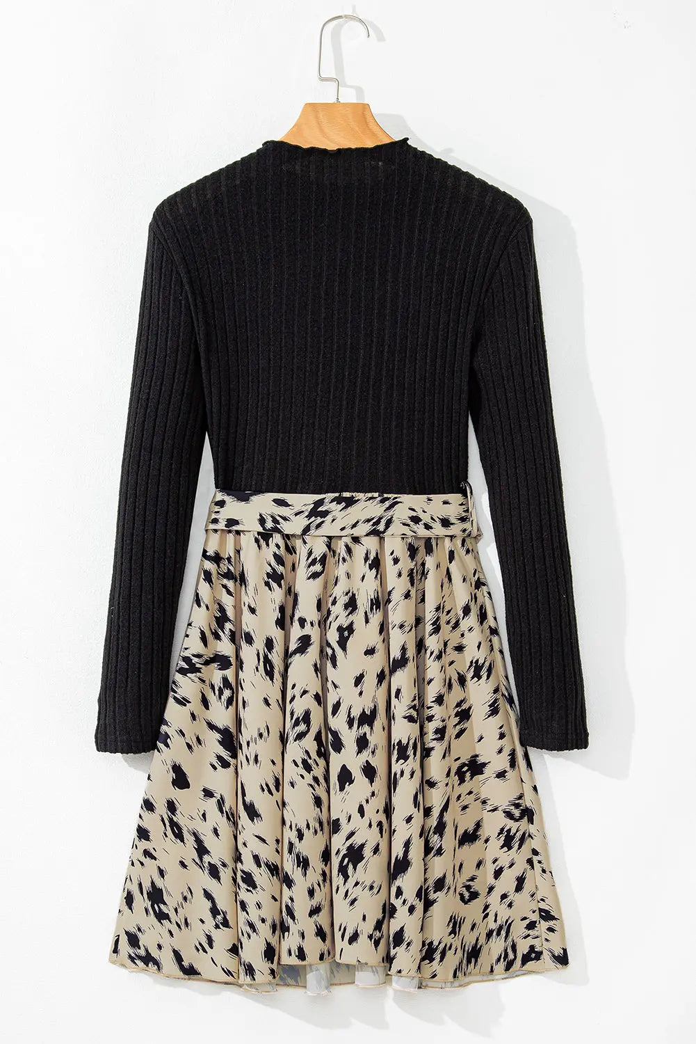 Black Ribbed Knit Patchwork Printed Belted A-line Dress Beagle Boutique Fashion Outlet