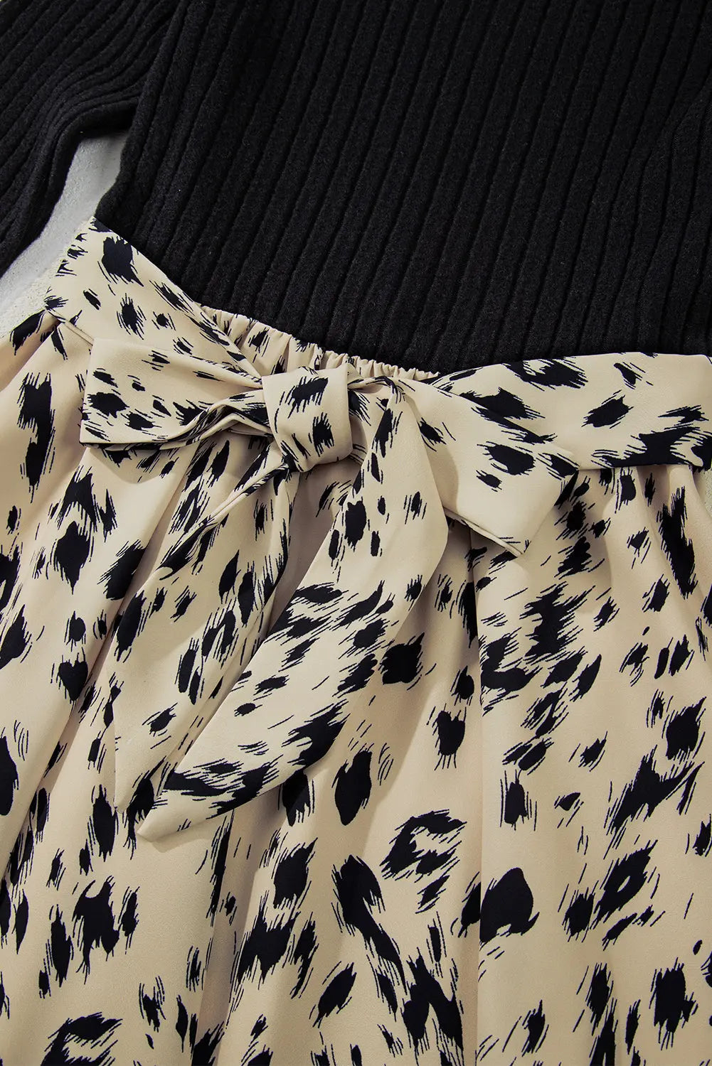 Black Ribbed Knit Patchwork Printed Belted A-line Dress Beagle Boutique Fashion Outlet