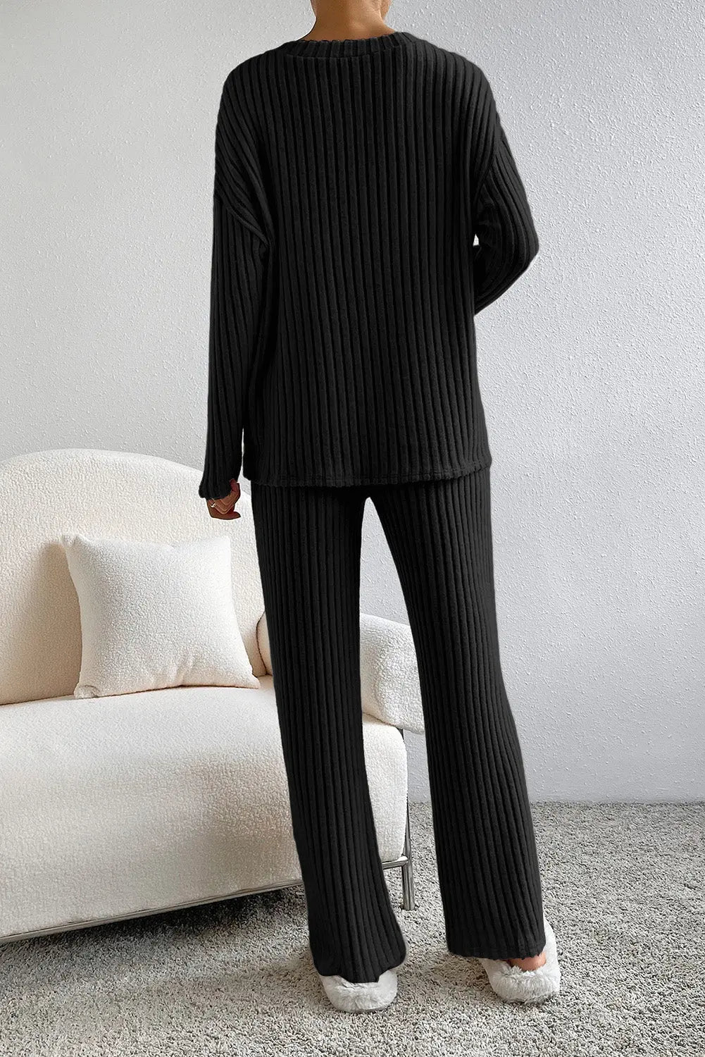 Black Ribbed Knit V Neck Slouchy Two-piece Outfit eAura