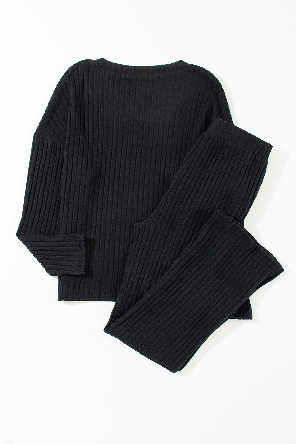 Black Ribbed Knit V Neck Slouchy Two-piece Outfit eAura