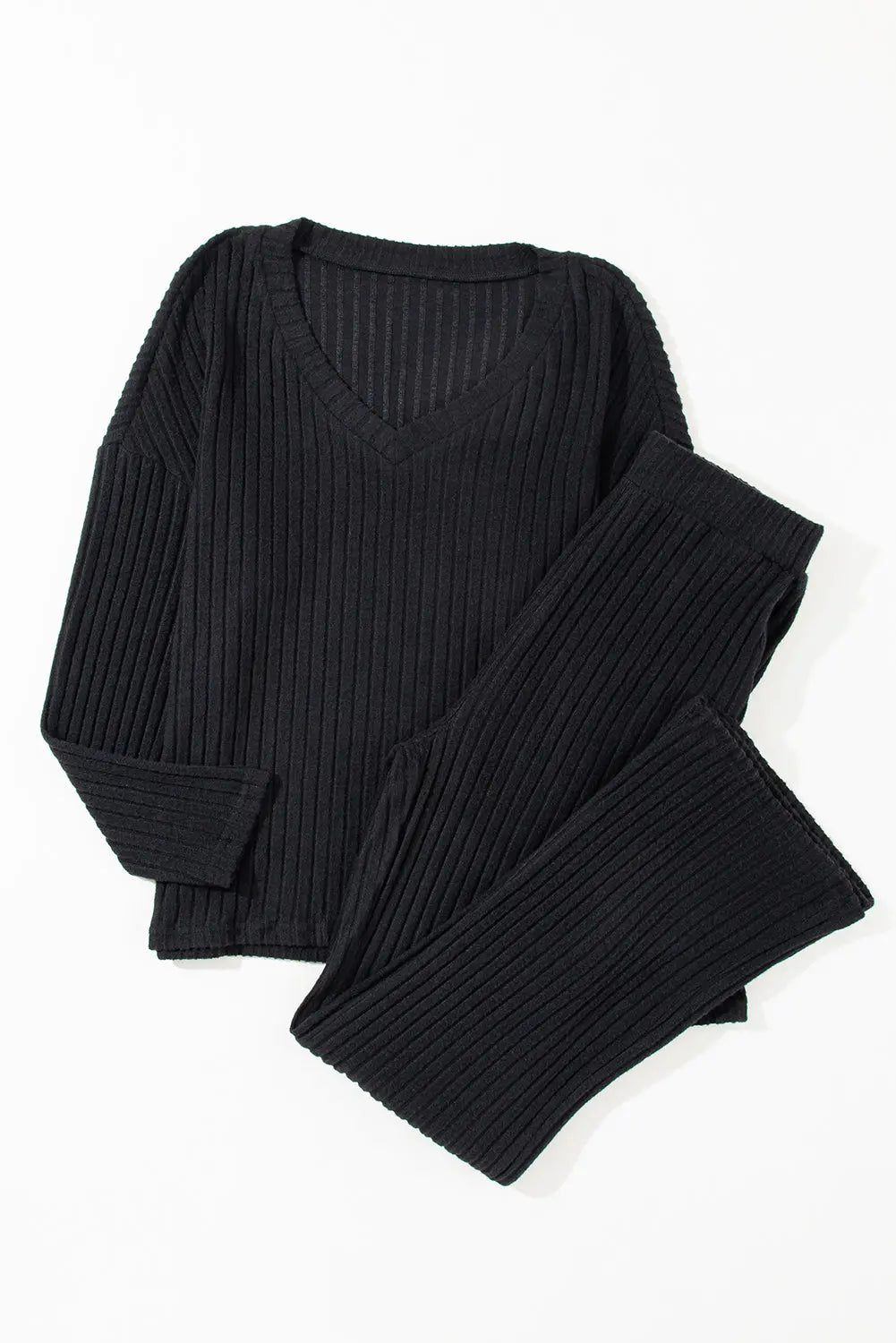 Black Ribbed Knit V Neck Slouchy Two-piece Outfit eAura