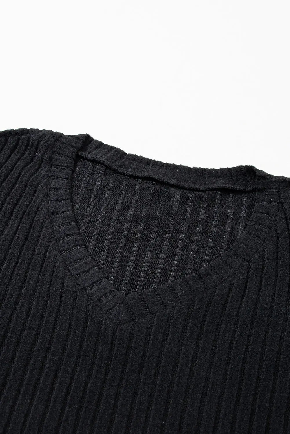 Black Ribbed Knit V Neck Slouchy Two-piece Outfit eAura