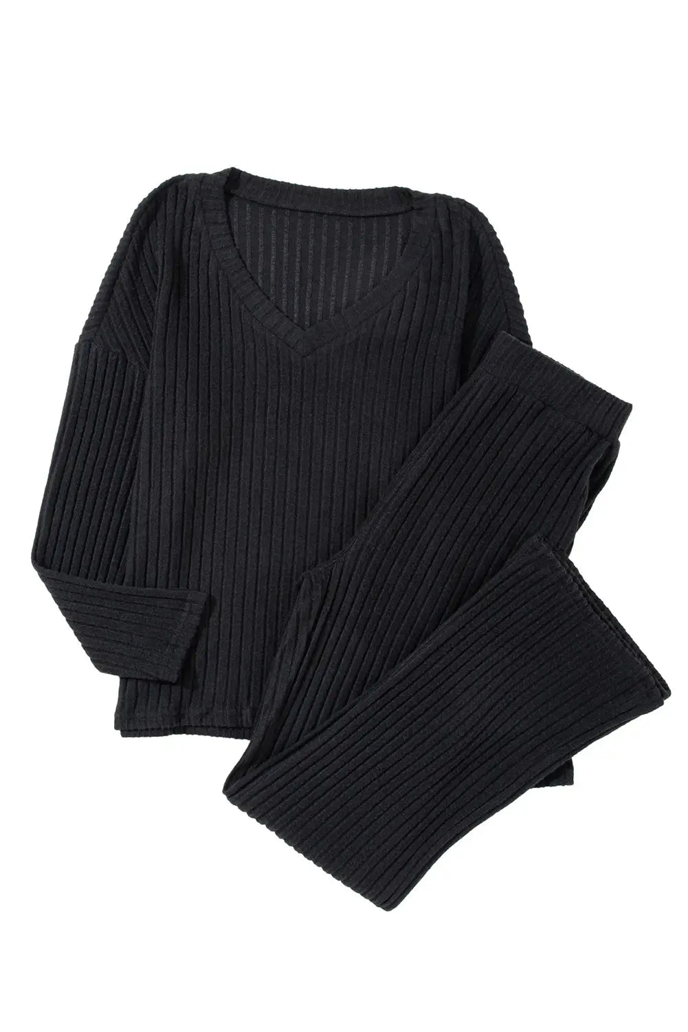 Black Ribbed Knit V Neck Slouchy Two-piece Outfit eAura