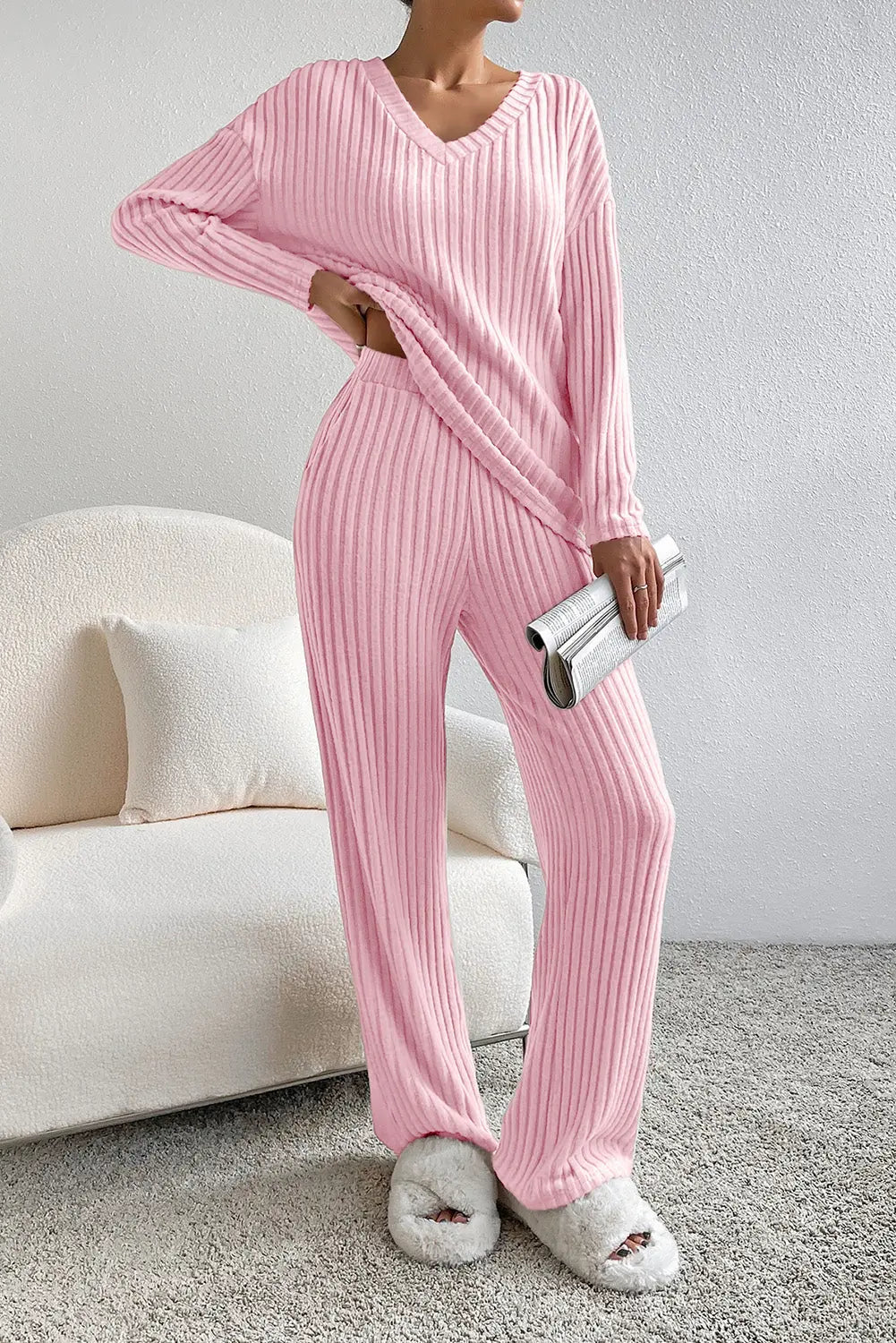 Black Ribbed Knit V Neck Slouchy Two-piece Outfit eAura