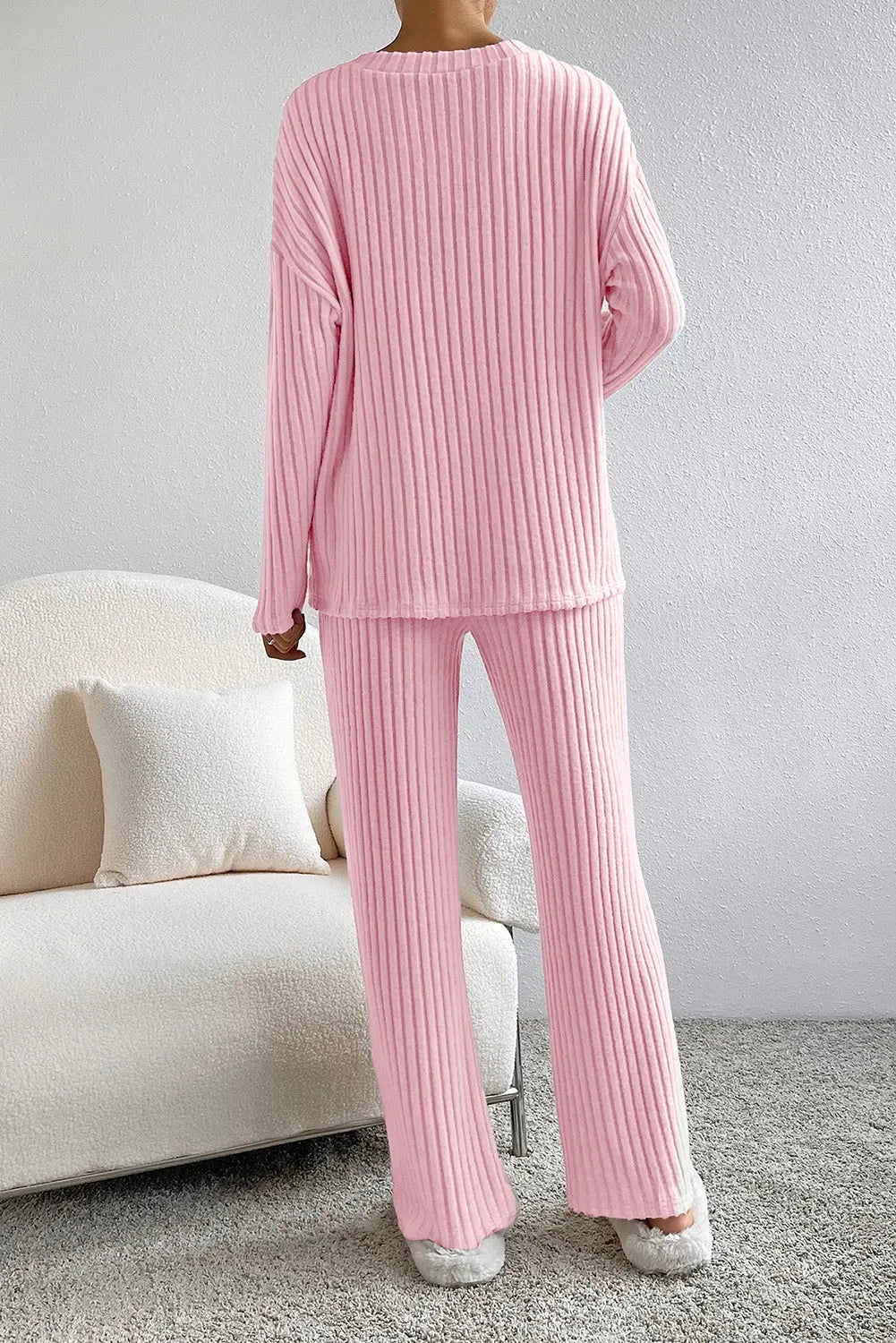 Black Ribbed Knit V Neck Slouchy Two-piece Outfit eAura