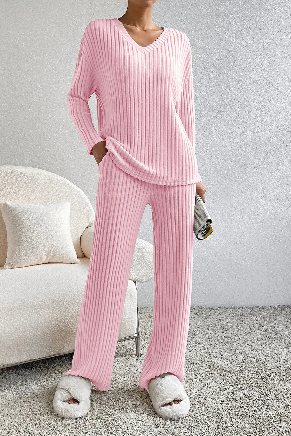 Black Ribbed Knit V Neck Slouchy Two-piece Outfit eAura