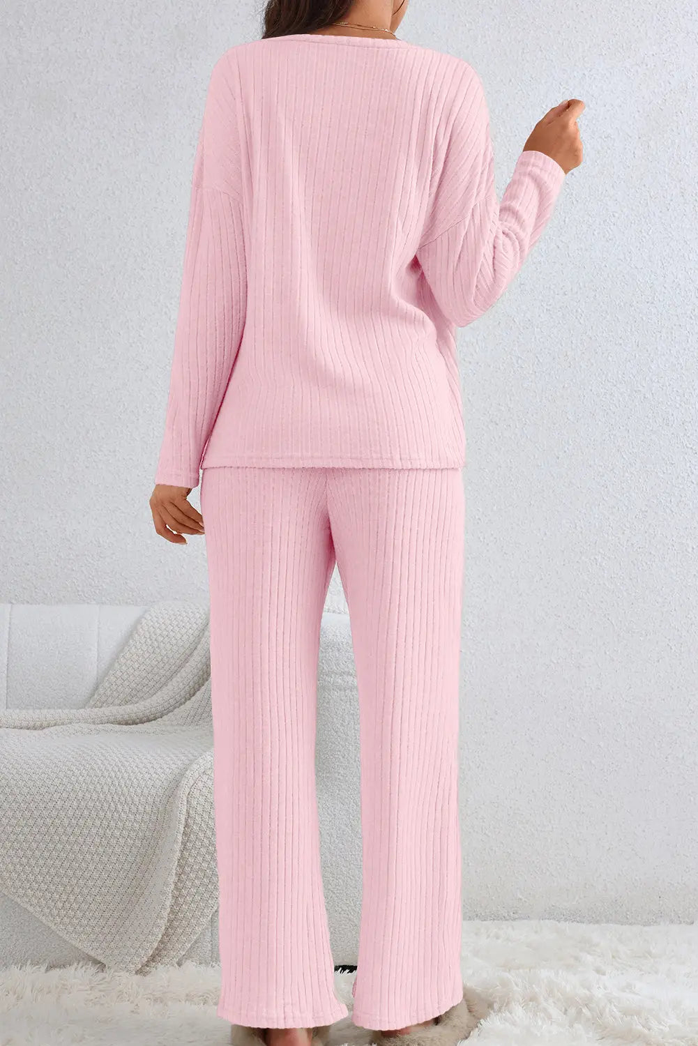 Black Ribbed Knit V Neck Slouchy Two-piece Outfit eAura