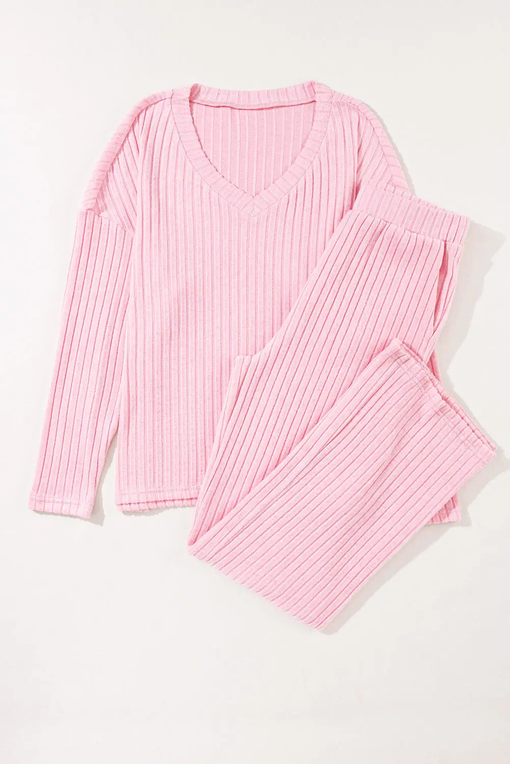 Black Ribbed Knit V Neck Slouchy Two-piece Outfit eAura