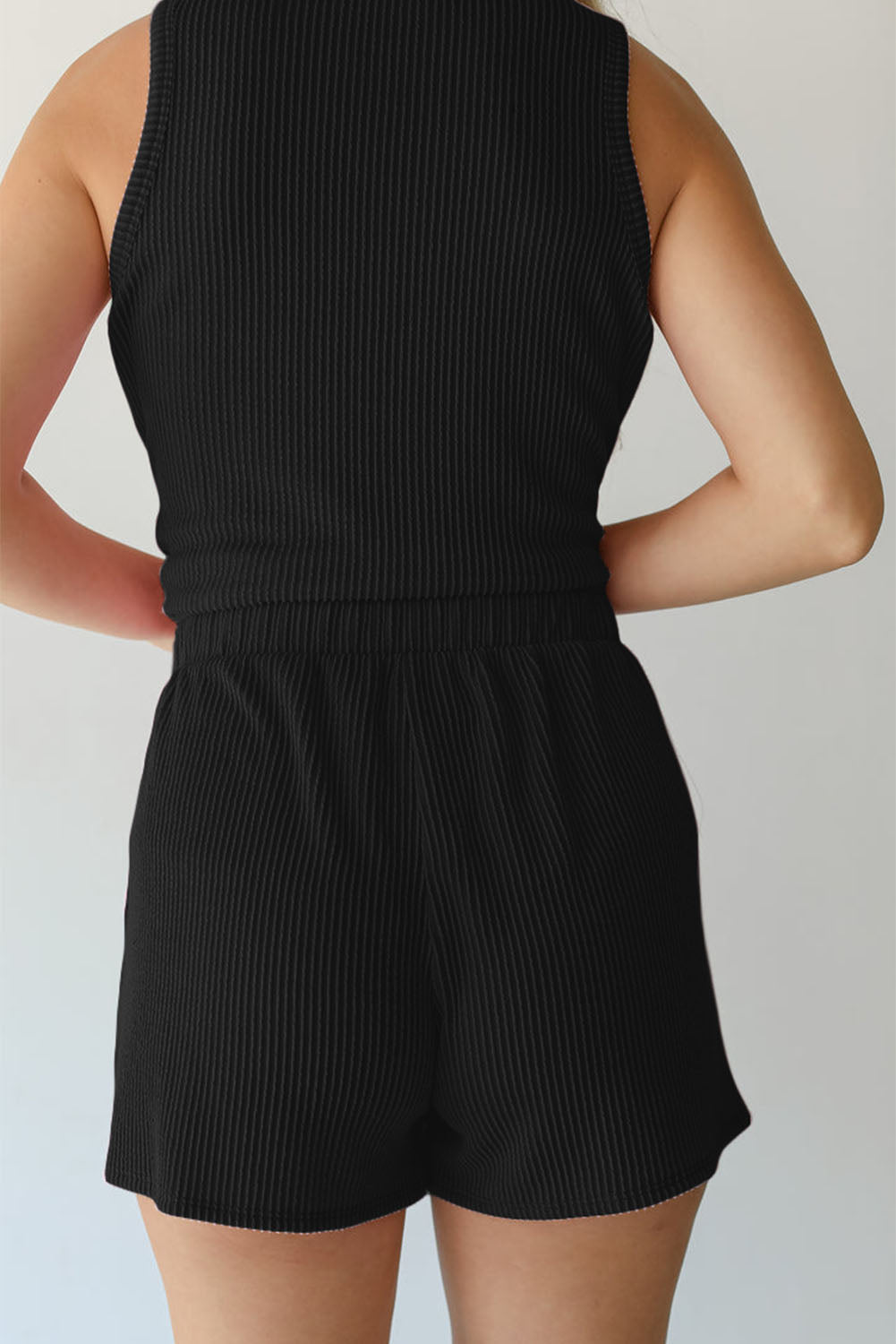 Black Ribbed Sleeveless Top and Pocketed Shorts Set - eAura