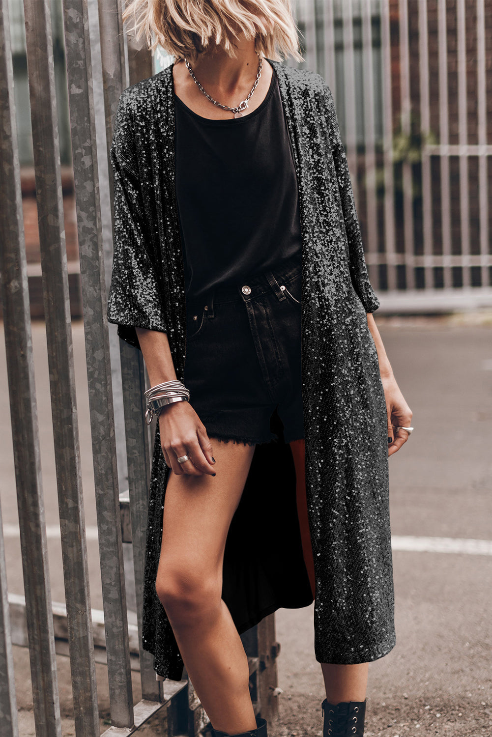 Black Sequin 3/4 Sleeve Open Front Duster Kimono - eAura