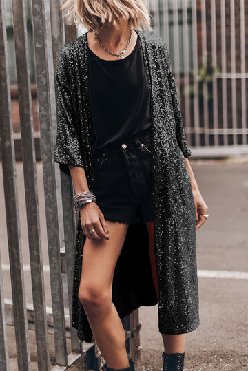 Black Sequin 3/4 Sleeve Open Front Duster Kimono - eAura
