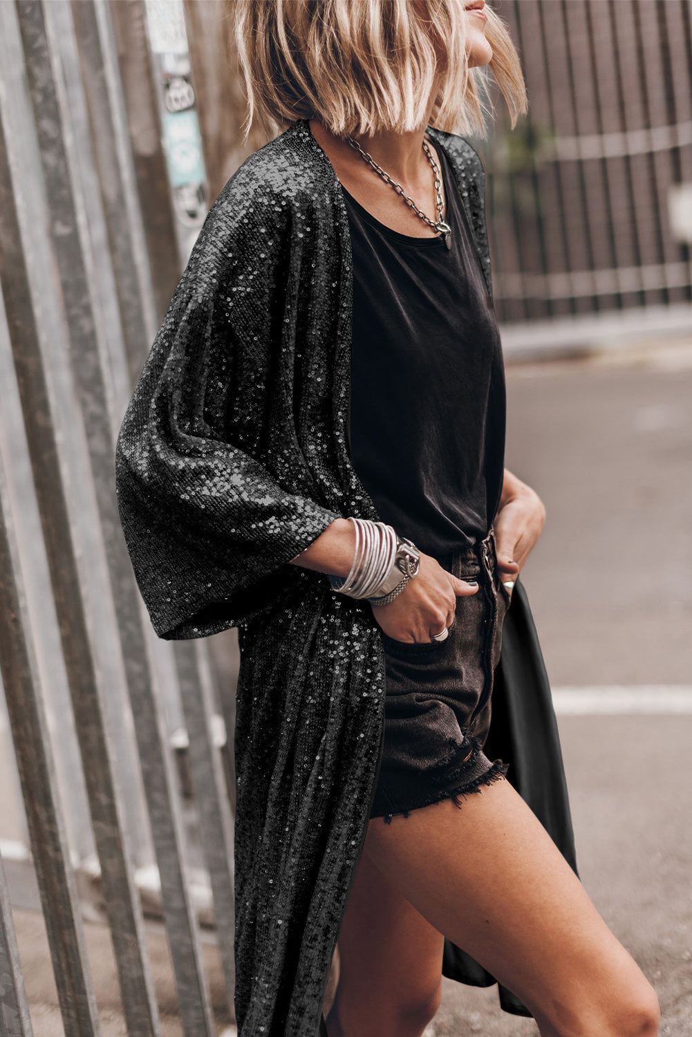 Black Sequin 3/4 Sleeve Open Front Duster Kimono - eAura