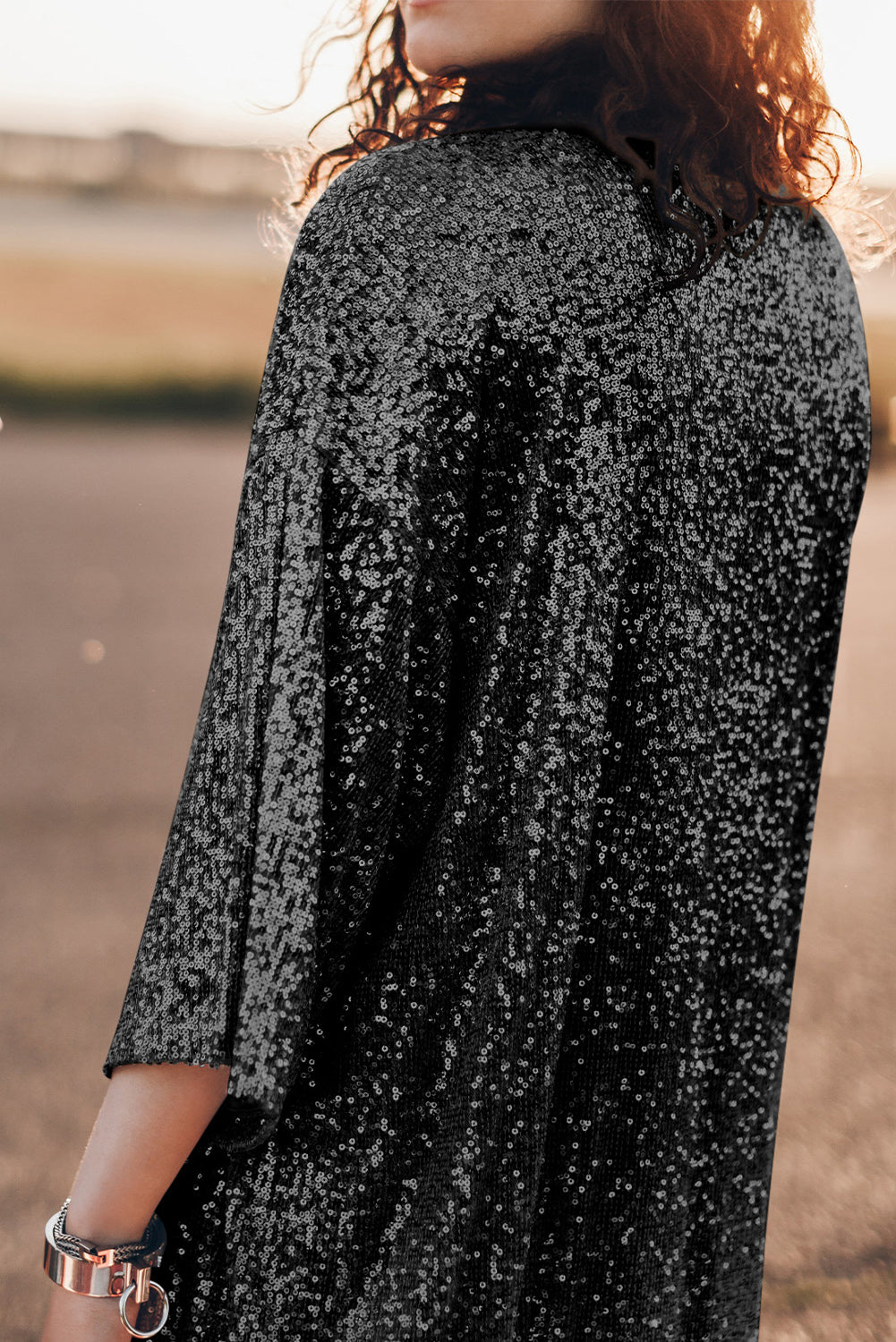 Black Sequin 3/4 Sleeve Open Front Duster Kimono - eAura