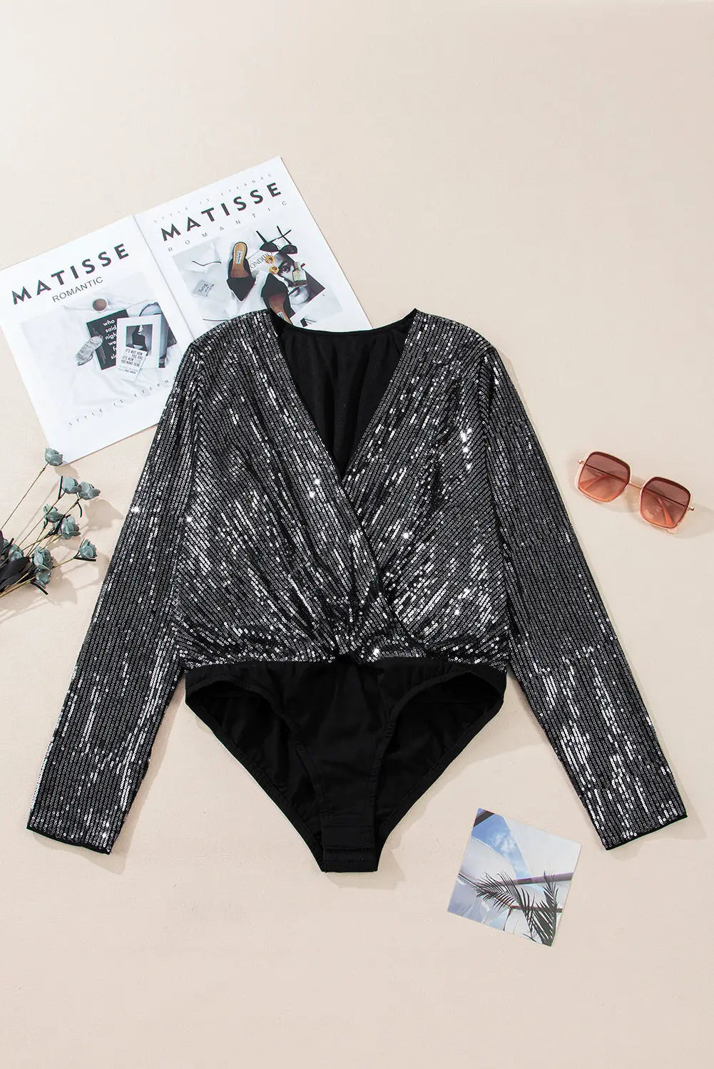 Black Sequin Mesh Long Sleeve Surplice Neck Bodysuit - BB Fashion Outlet