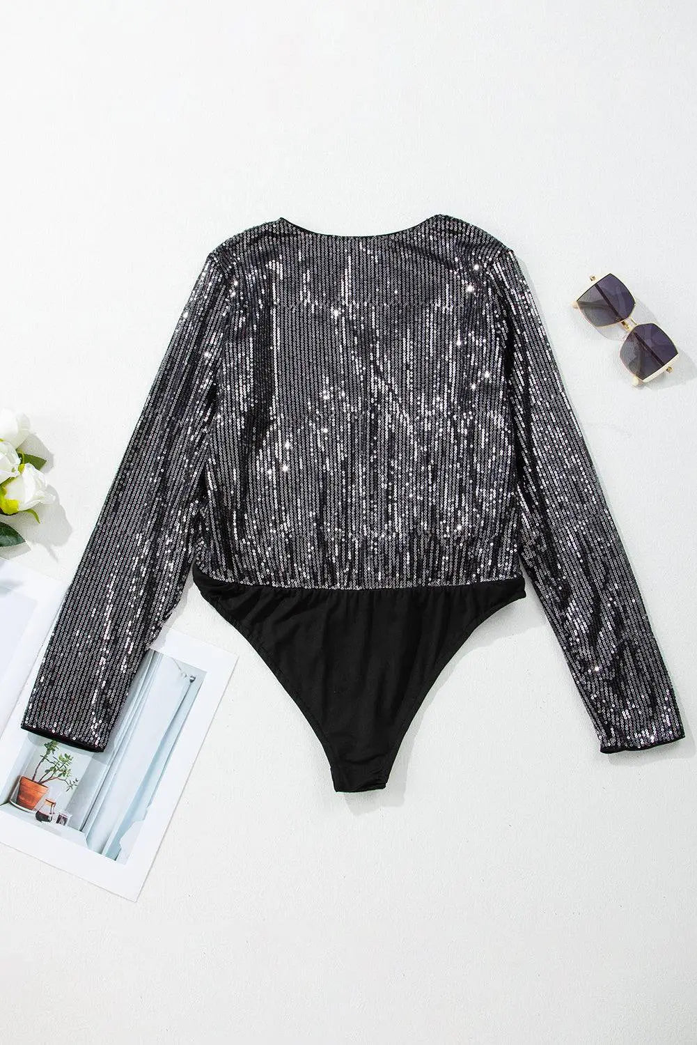 Black Sequin Mesh Long Sleeve Surplice Neck Bodysuit - BB Fashion Outlet