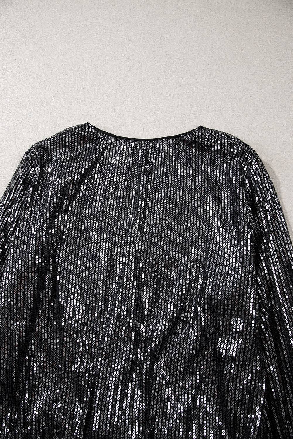 Black Sequin Mesh Long Sleeve Surplice Neck Bodysuit - BB Fashion Outlet
