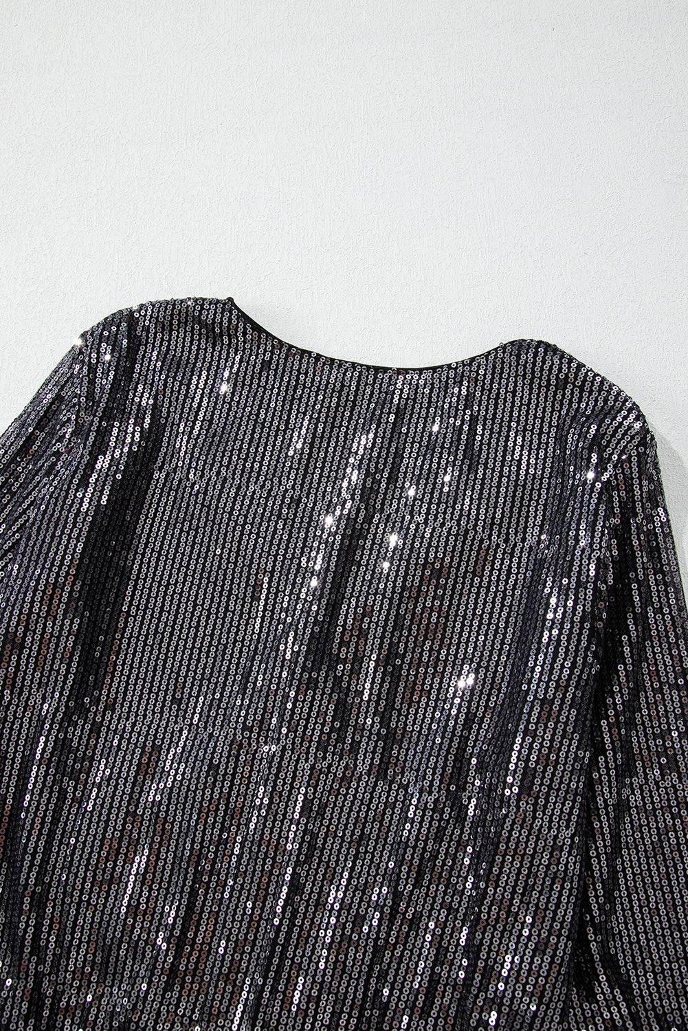 Black Sequin Mesh Long Sleeve Surplice Neck Bodysuit - BB Fashion Outlet