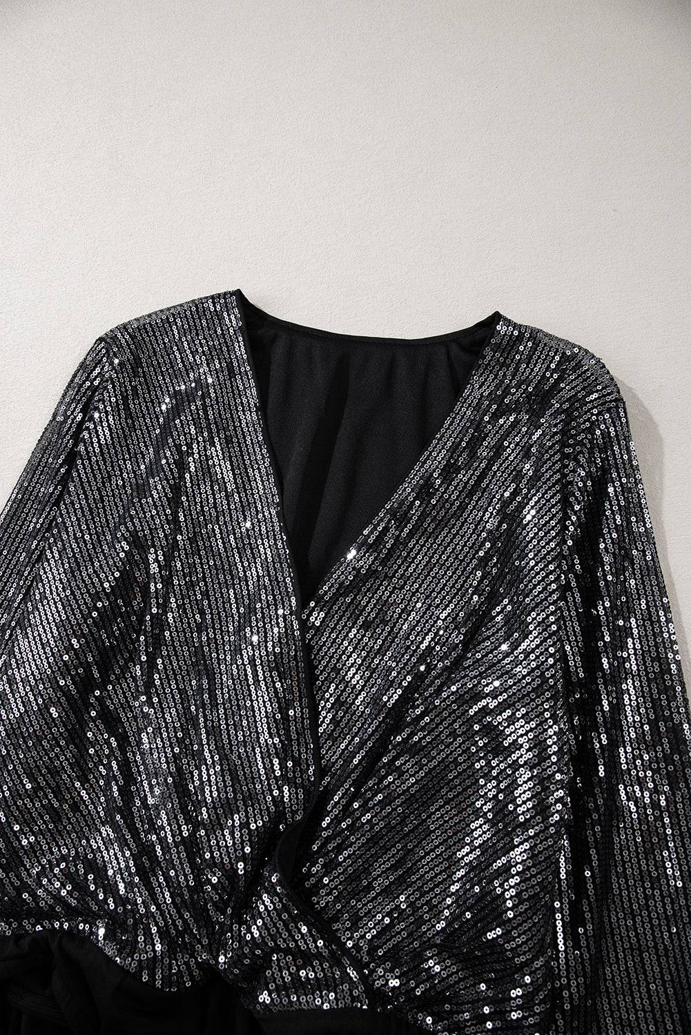 Black Sequin Mesh Long Sleeve Surplice Neck Bodysuit - BB Fashion Outlet
