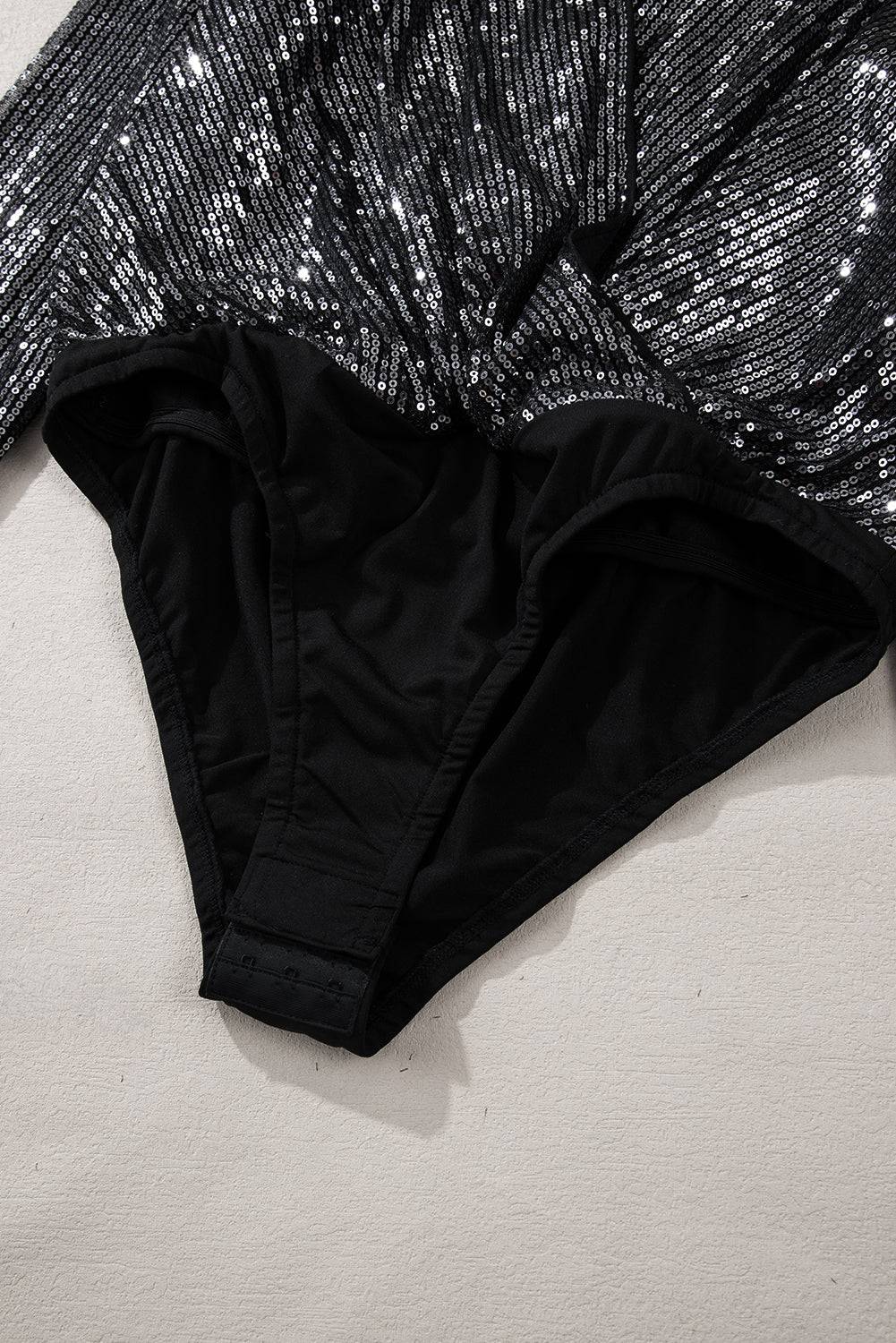 Black Sequin Mesh Long Sleeve Surplice Neck Bodysuit - BB Fashion Outlet
