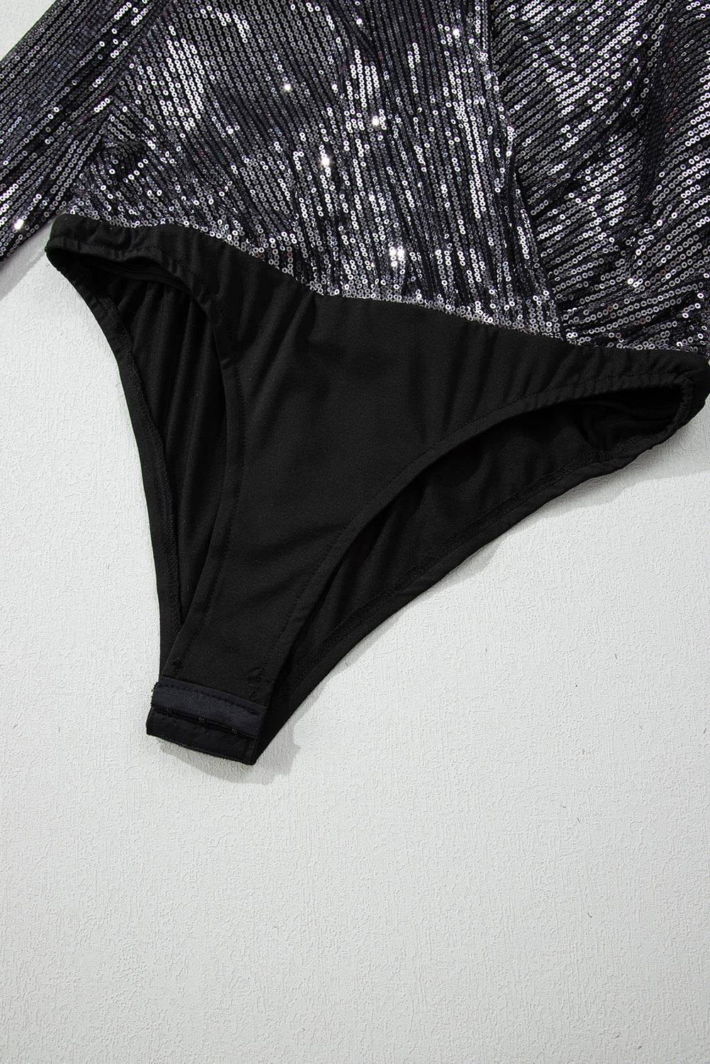 Black Sequin Mesh Long Sleeve Surplice Neck Bodysuit - BB Fashion Outlet