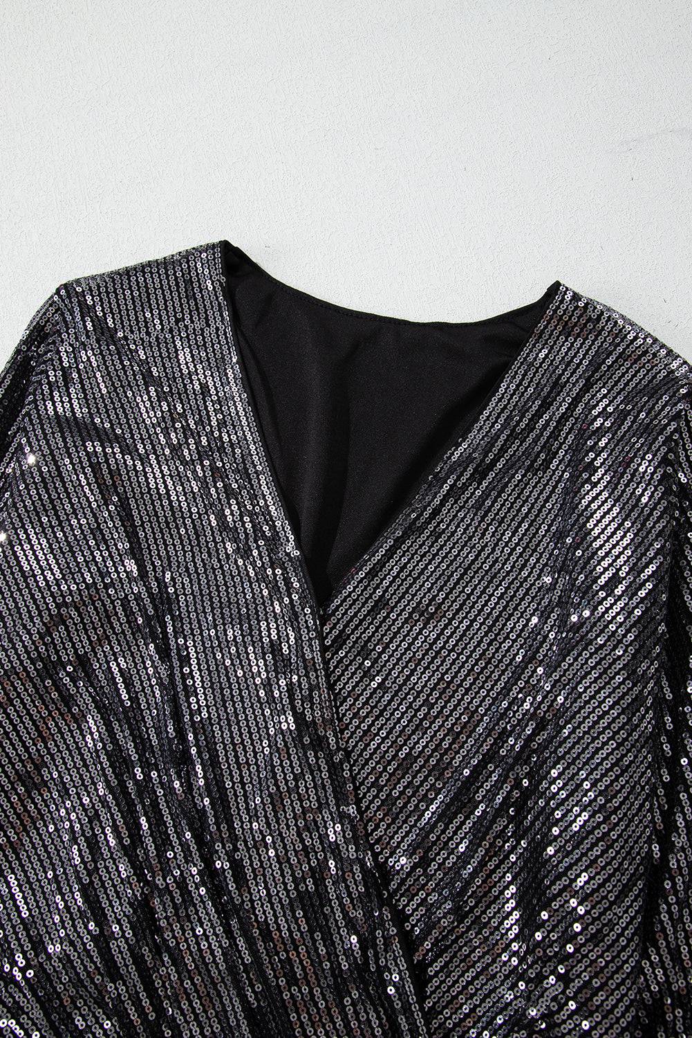 Black Sequin Mesh Long Sleeve Surplice Neck Bodysuit - BB Fashion Outlet