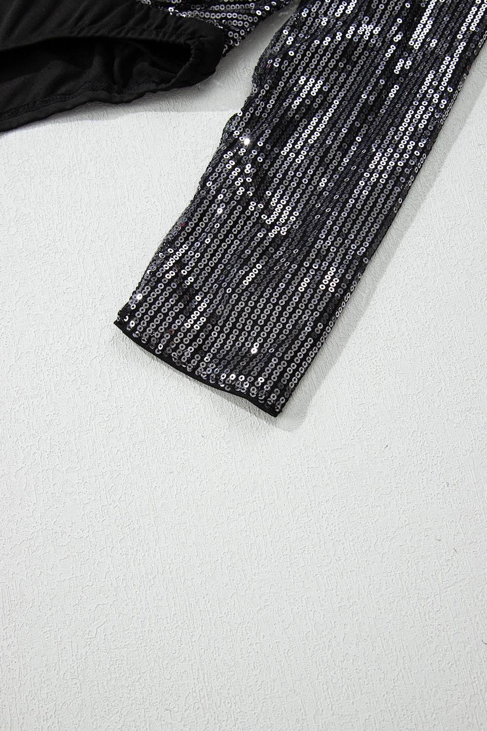 Black Sequin Mesh Long Sleeve Surplice Neck Bodysuit - BB Fashion Outlet