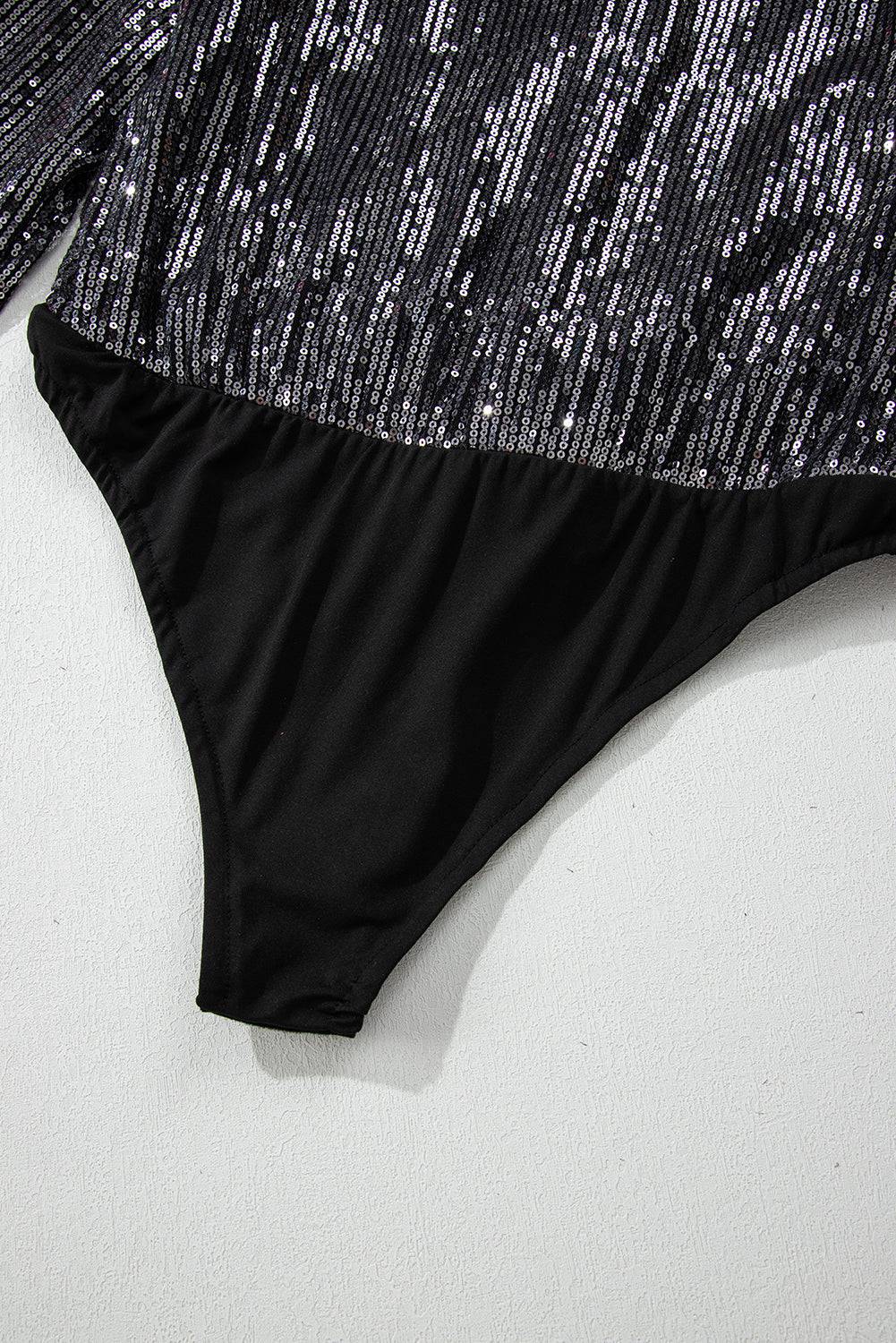 Black Sequin Mesh Long Sleeve Surplice Neck Bodysuit - BB Fashion Outlet