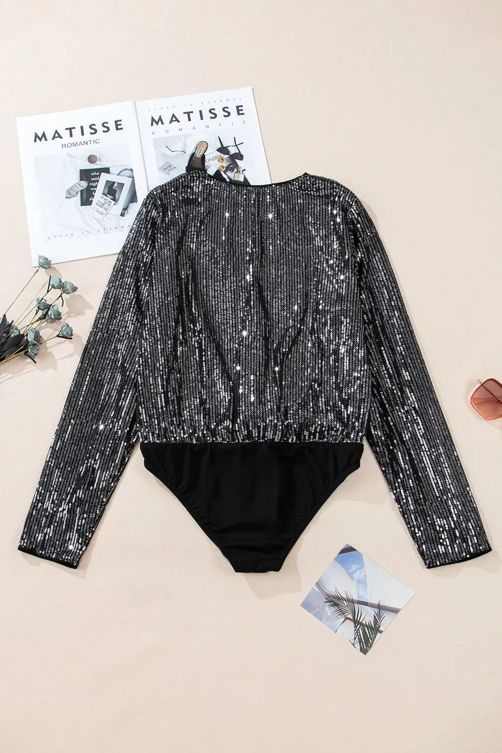 Black Sequin Mesh Long Sleeve Surplice Neck Bodysuit - eAura