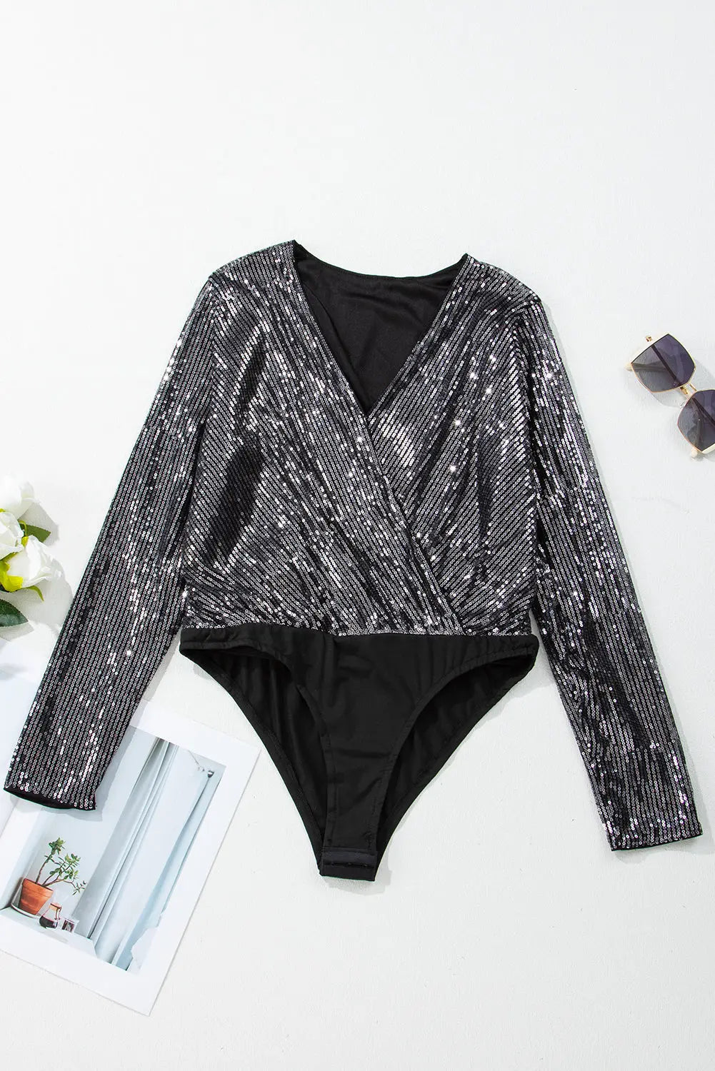 Black Sequin Mesh Long Sleeve Surplice Neck Bodysuit - eAura